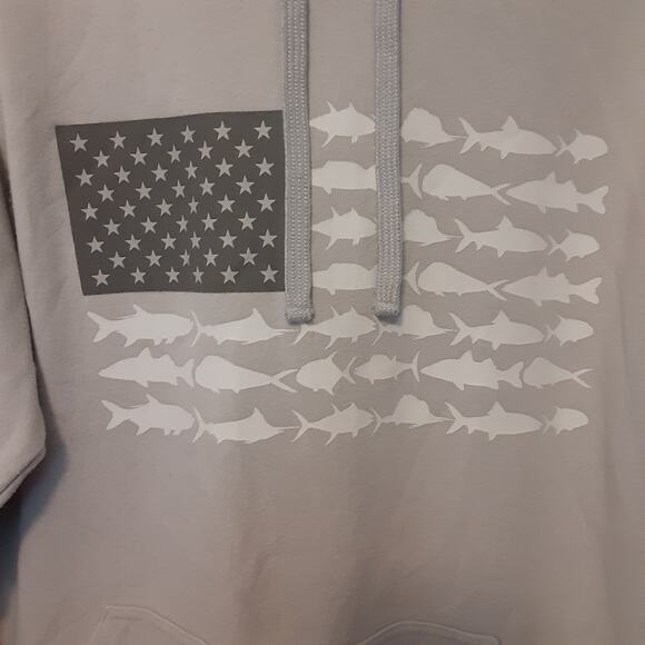Columbia PFG Hoodie Mens Medium Gray American Flag Fish Pattern Sweatshirt - Picture 2 of 10